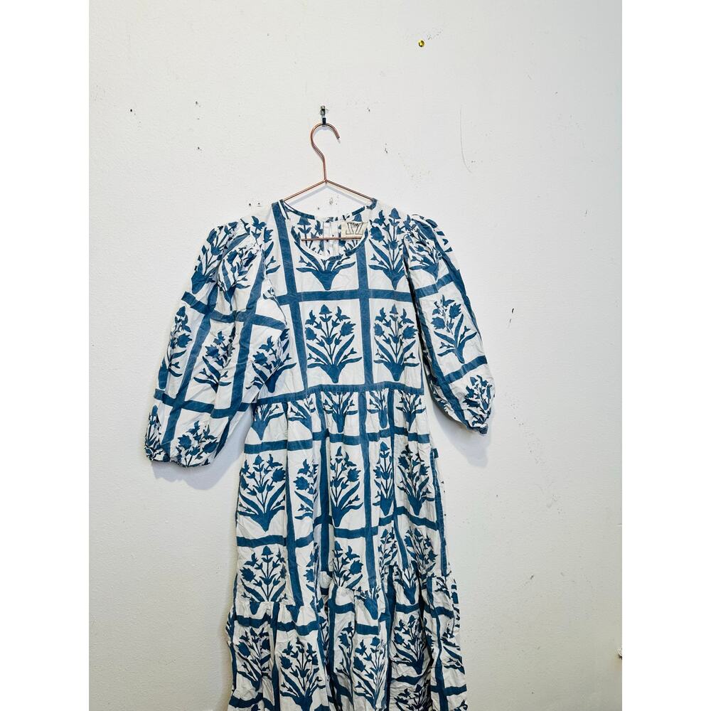 SZ BLOCKPRINTS Blue White Floral 100% Cotton Long Sleeve Orti A-Line Dress Small - Picture 15 of 16